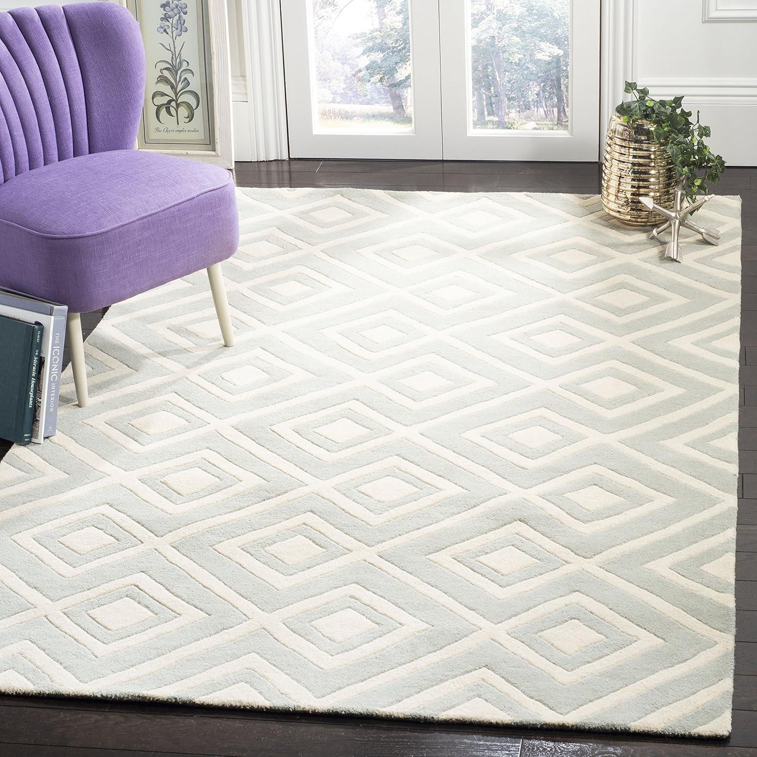 Grey and Ivory Hand-Tufted Wool Geometric 9' x 12' Rug