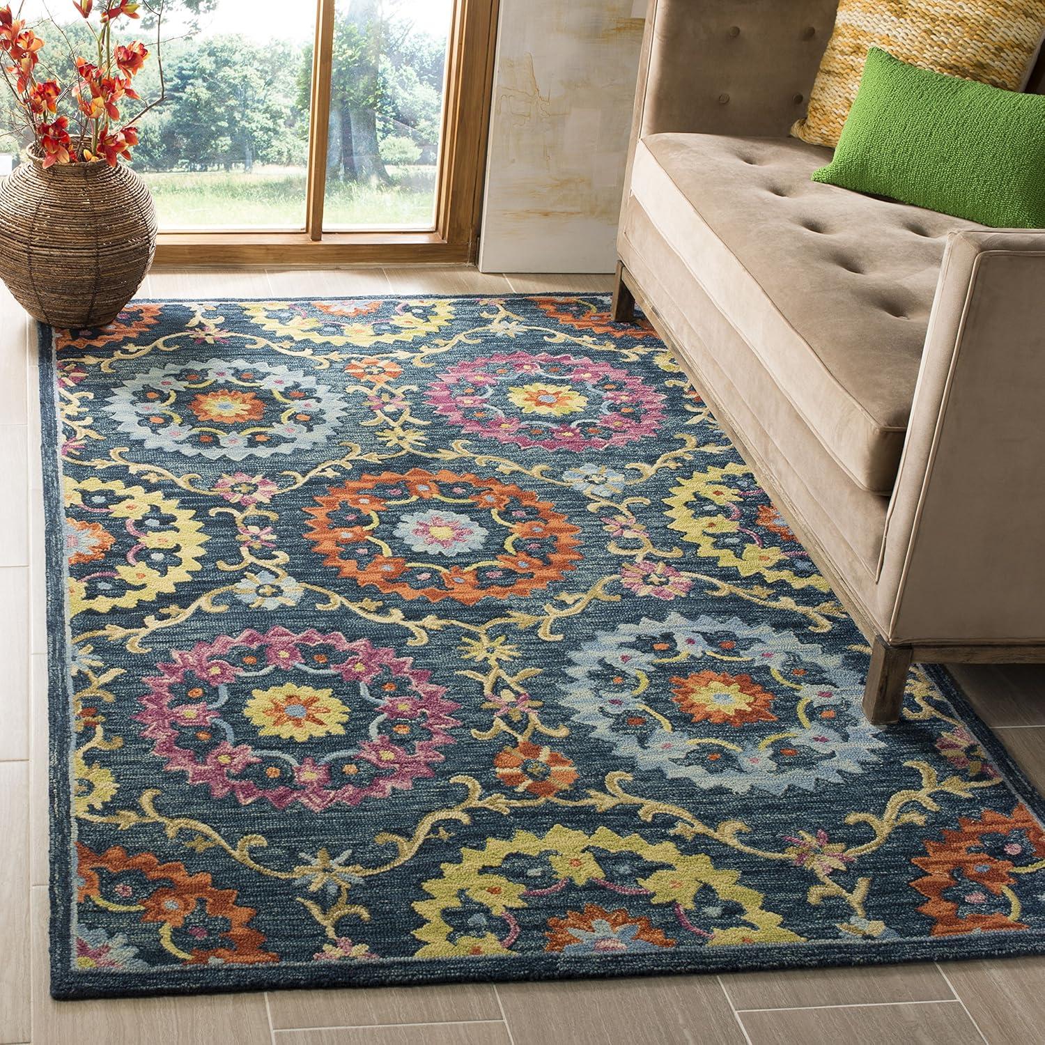 Handmade Blue Floral Wool 8' x 10' Rug