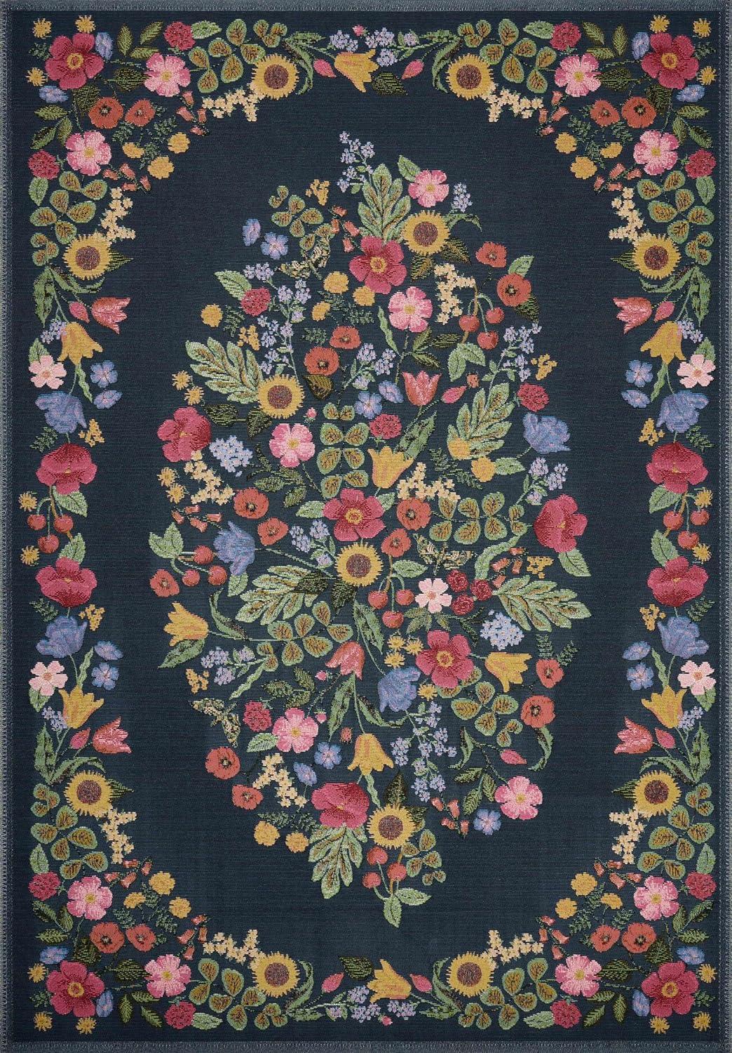 Navy Floral Rectangular Wool and Synthetic Accent Rug