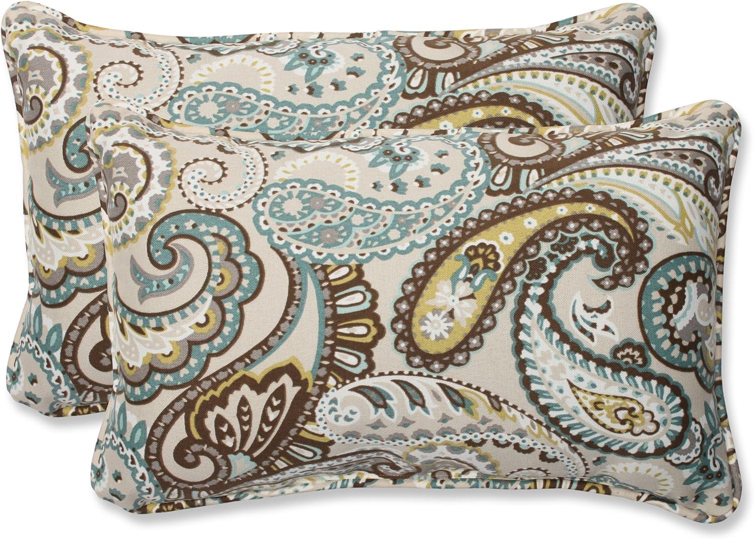 2pc Outdoor Lumbar Throw Pillows Tamara Paisley Blue/Brown - Pillow Perfect