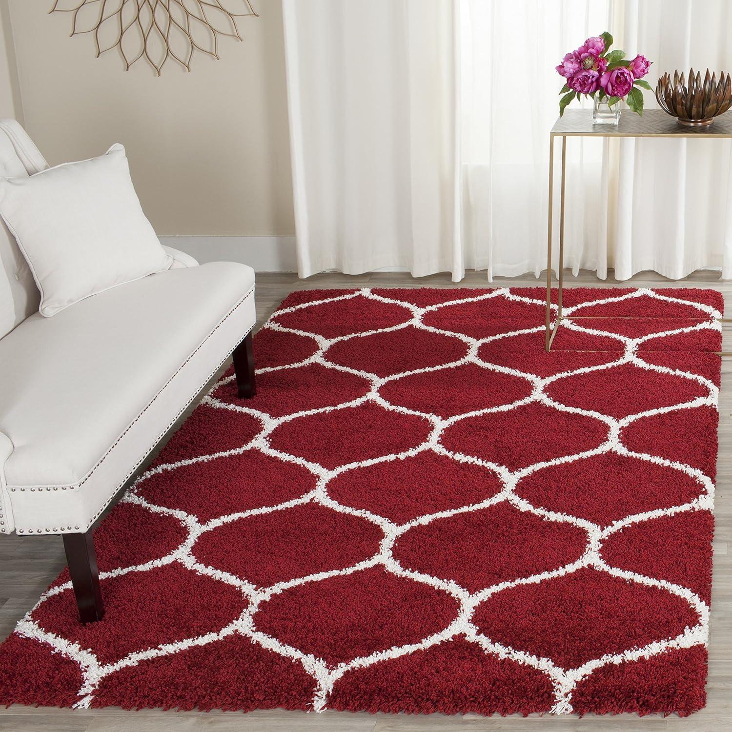 Red and Ivory Geometric Shag 8' x 10' Synthetic Area Rug