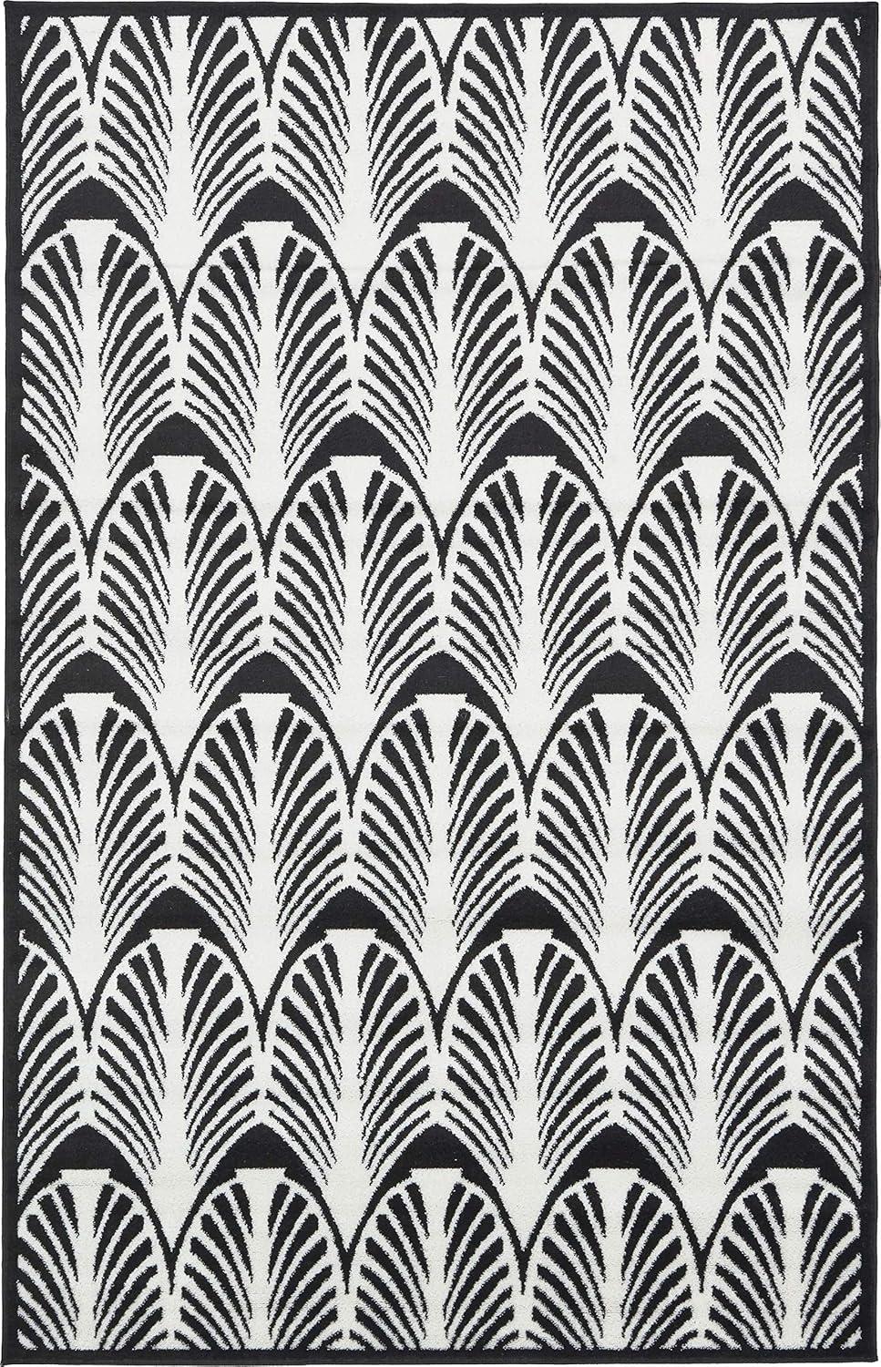 Black and Ivory Art Deco Floral Motif Area Rug, 5 x 8 ft