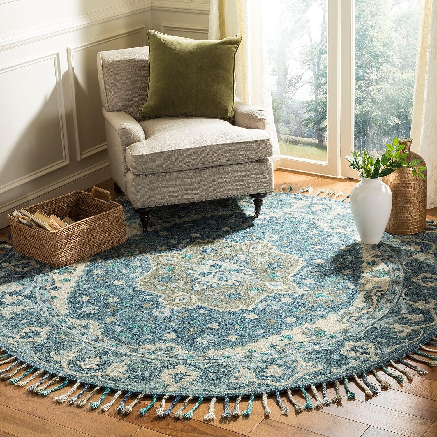 Bohemian Bliss Dark Blue Floral Hand-Tufted Wool Area Rug - 9' x 12'