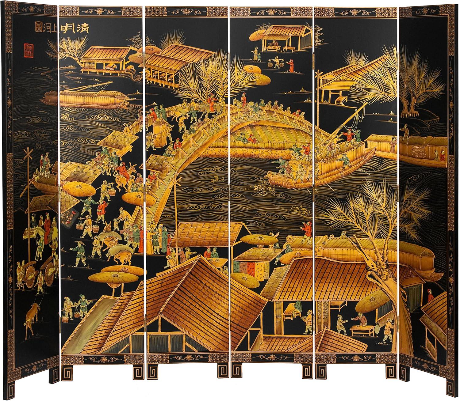 Oriental Furniture 6 ft. Tall Black Lacquer Room Divider - Ching Ming