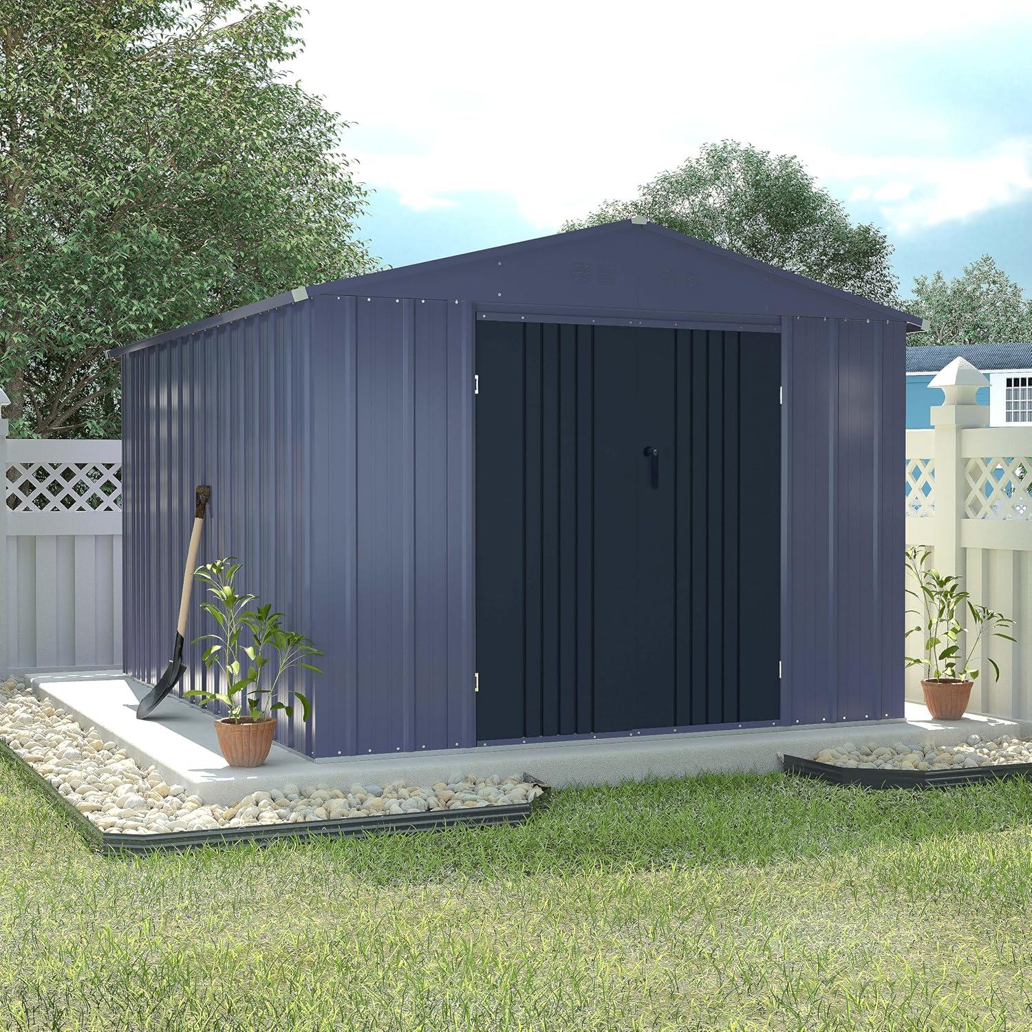 VEIKOUS  Outdoor Metal Storage Shed with Lockable Door and Air Vents for Garden 8x10