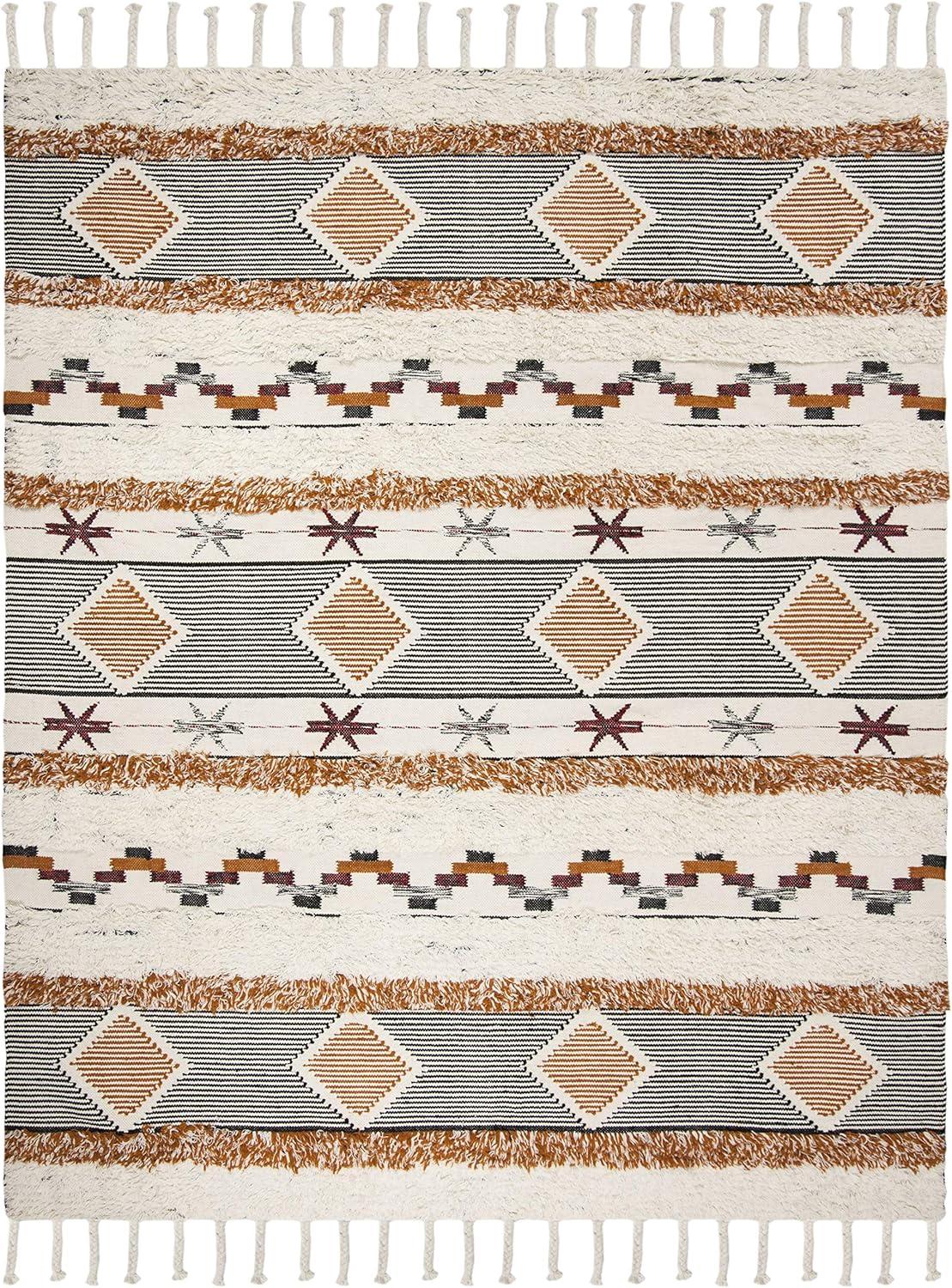 Ivory and Black-Orange Hand-Knotted Wool Geometric 8' x 10' Rug