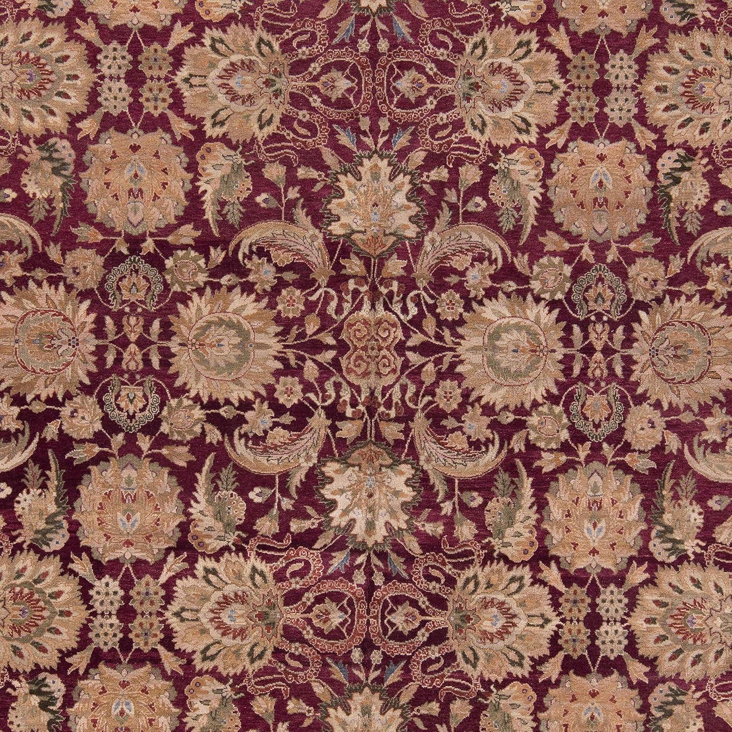 Burgundy and Green Hand-Knotted Wool 8' x 10' Area Rug