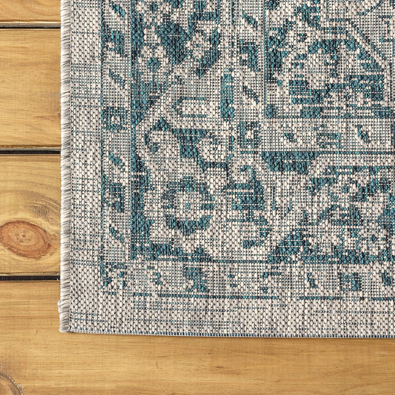 5' Square Rozetta Boho Medallion Textured Weave Indoor/Outdoor Area Rug, Gray/Teal - JONATHAN Y