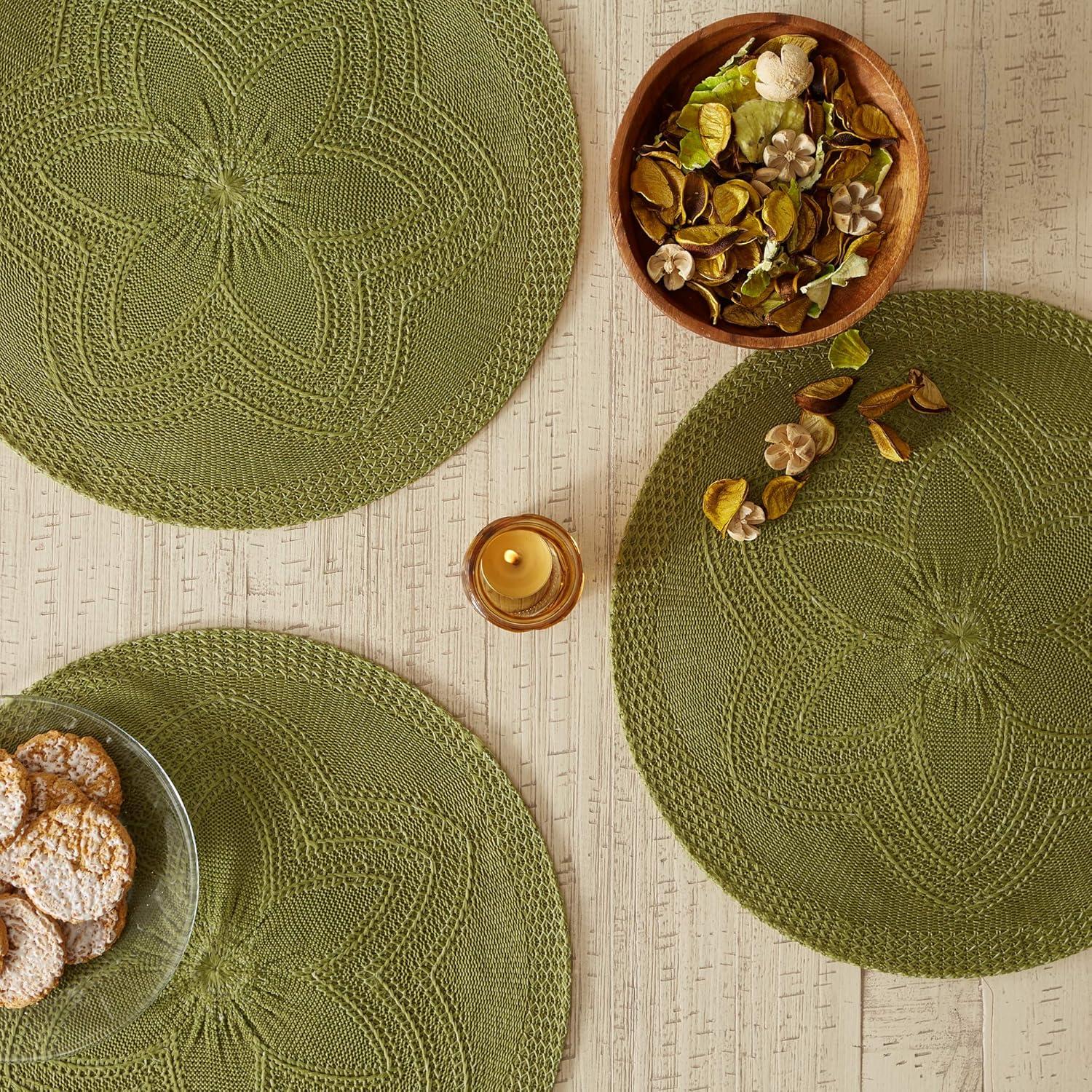 Contemporary Home Living Woven Round Floral Placemats - 15" - Hunter Green - Set of 6