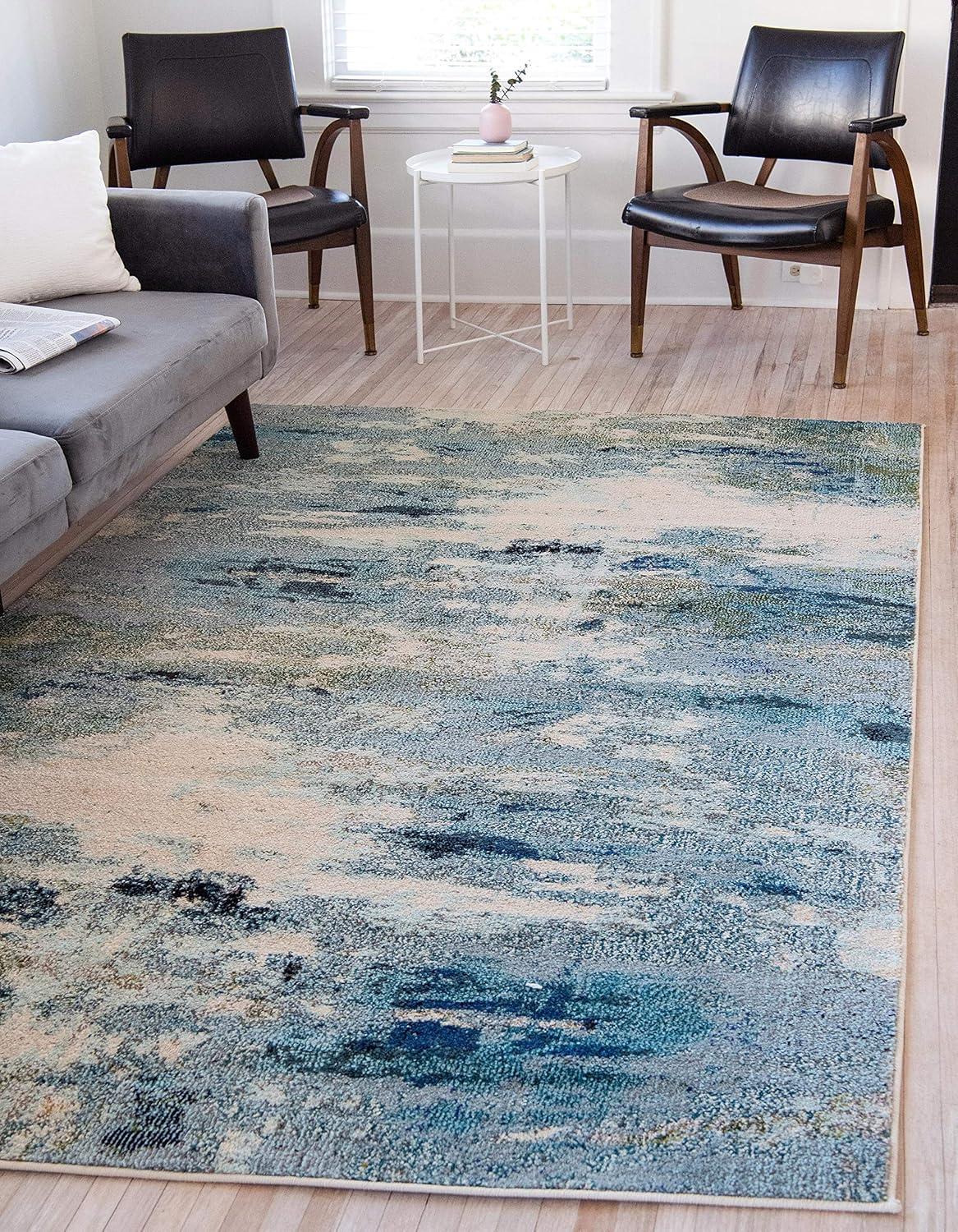 Luminous Light Blue Abstract Synthetic Indoor Rug, 10' 6" x 16' 5"