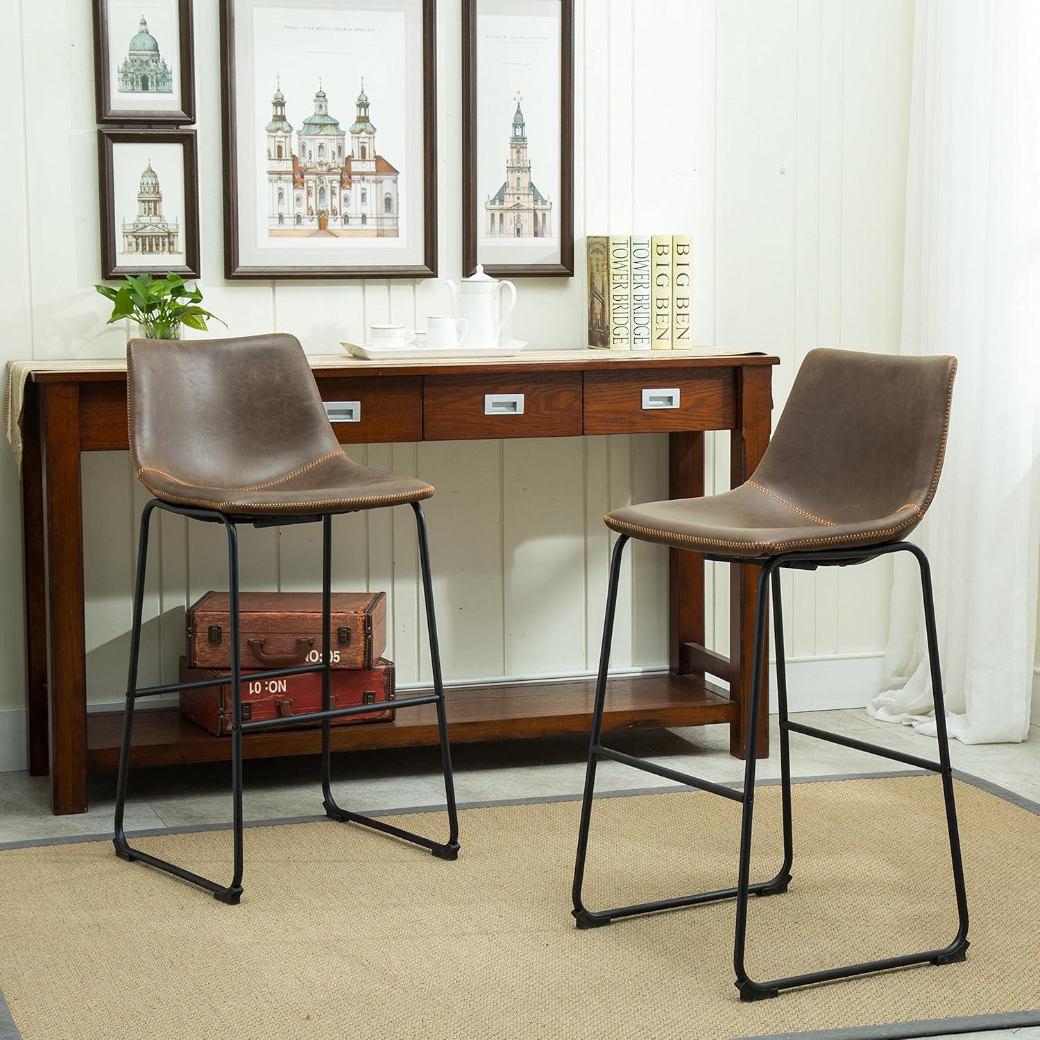 Antique Brown Leather and Black Metal Bar Stools, Set of 2