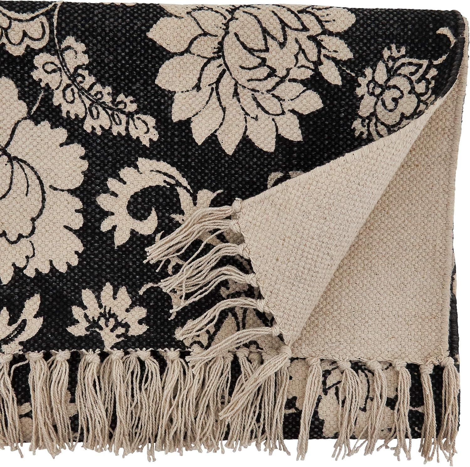 Saro Lifestyle Floral Table Runner With Fringed Design, 16"x72", Black