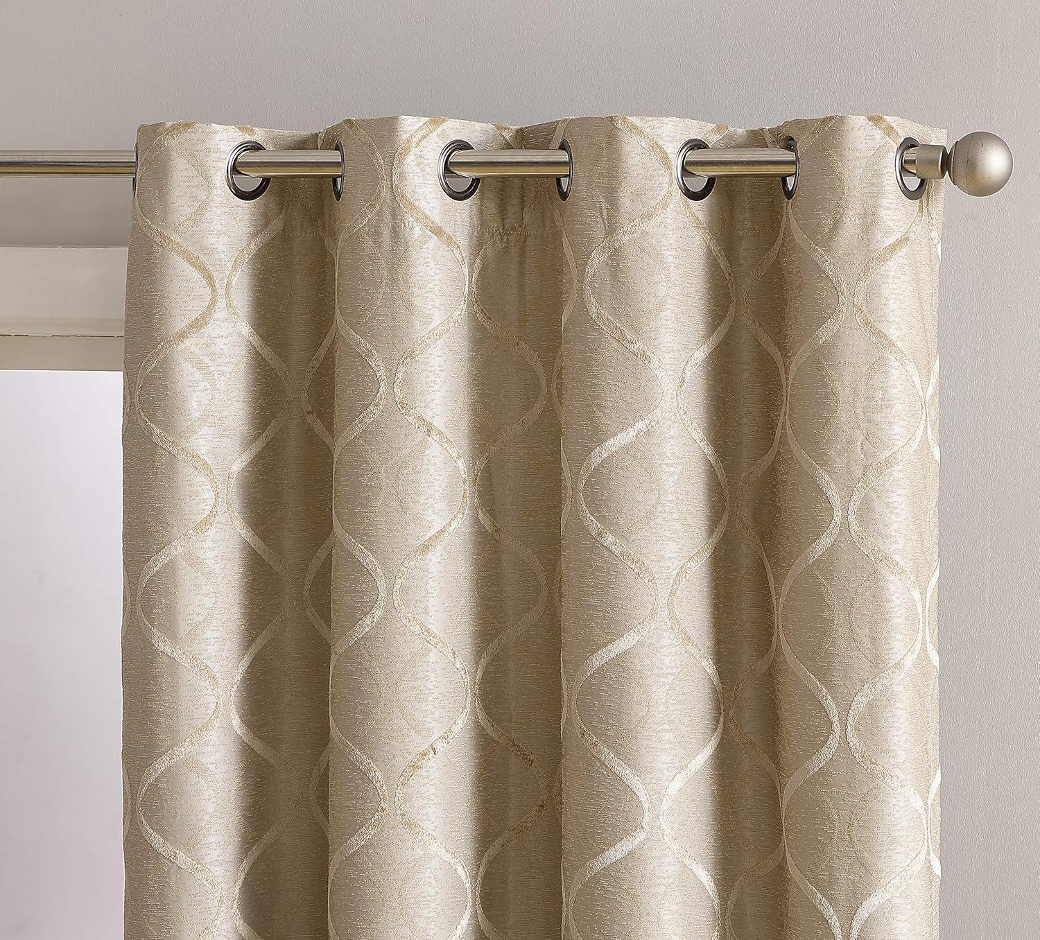 HLC.ME Versailles Lattice Flocked 100% Complete Blackout Thermal Insulated Window Curtain Grommet Panels, Set of 2 - Taupe, 50 W x 63 L