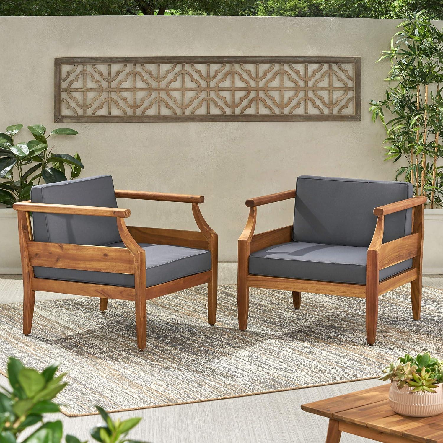 Christopher Knight Home 312158 Daisy Outdoor Club Chair with Cushion Set of 2, Teak Finish, Dark Gray