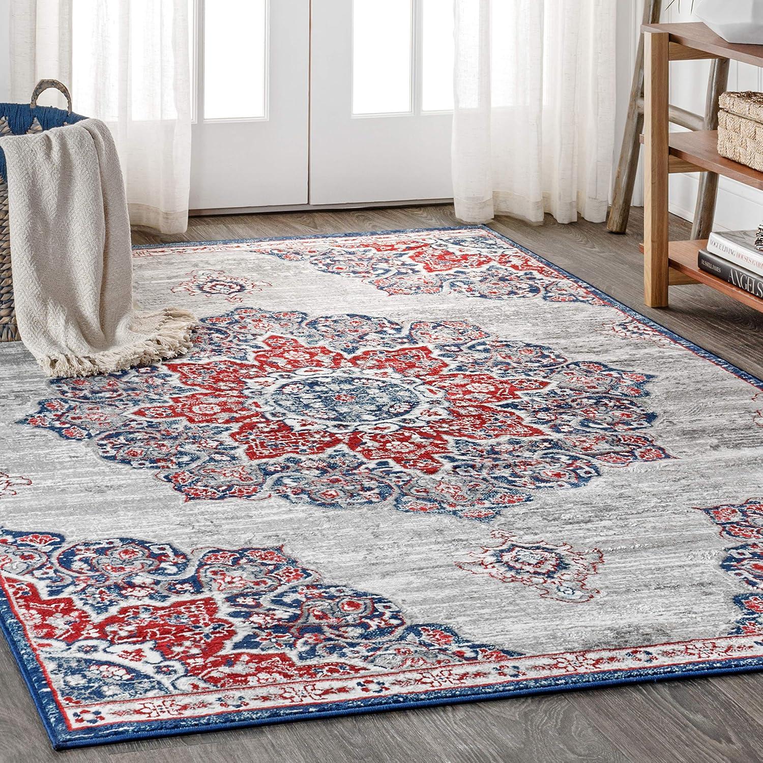 4'x6' Modern Persian Vintage Moroccan Medallion Area Rug, Navy/Red - JONATHAN Y