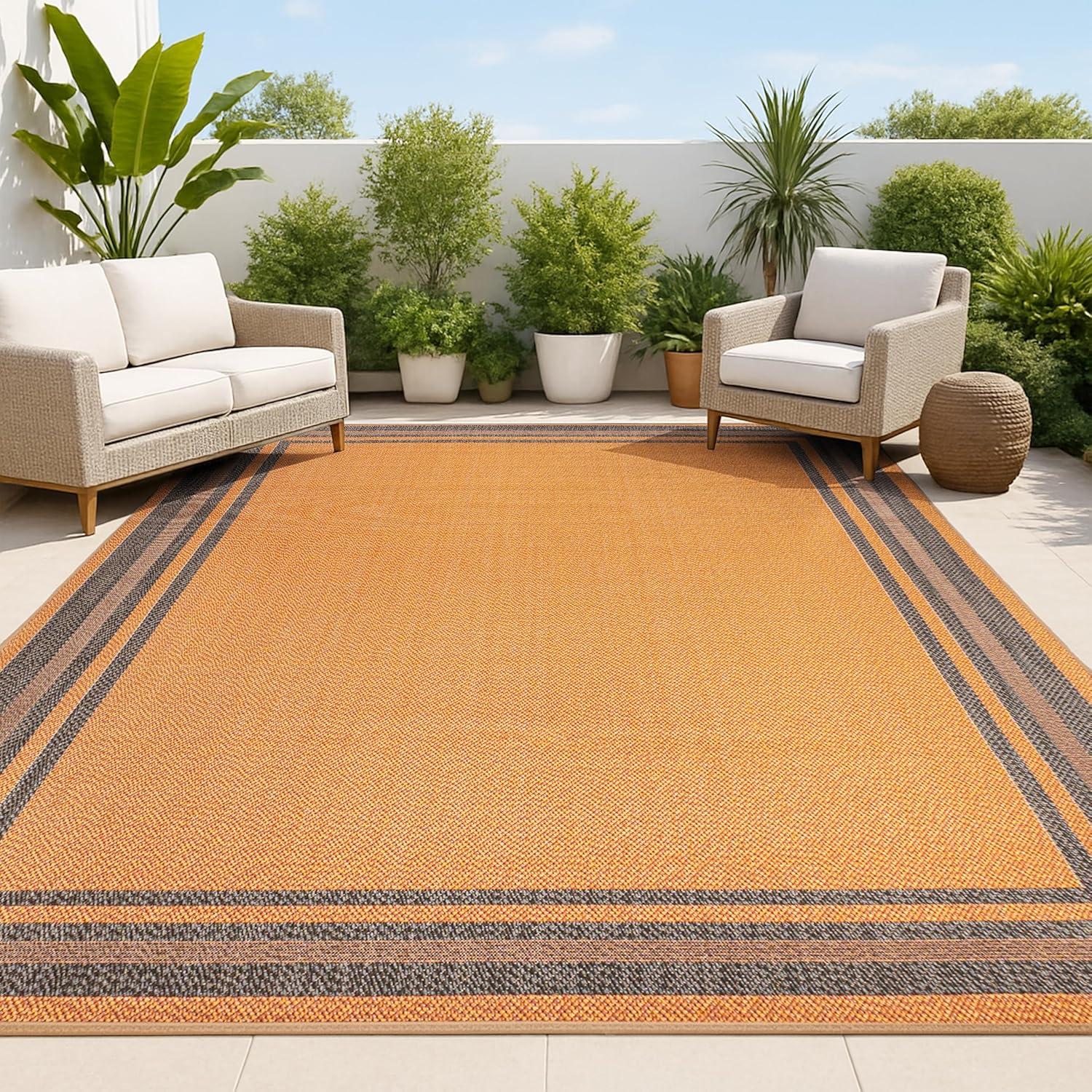 3' x 5' James Modern Border Stripe Indoor/Outdoor Area Rug, Orange/Dark Gray - JONATHAN Y