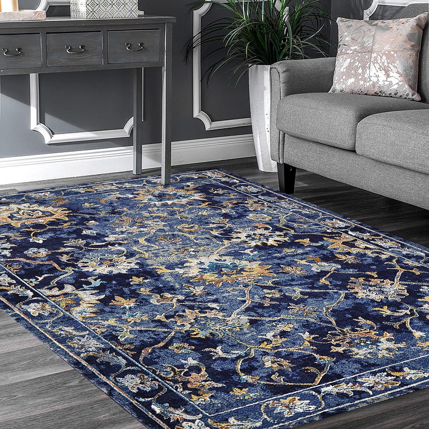 LR Home Ada 8'9" x 11'9" Indigo Bordered Floral Adult Durable Indoor Area Rug