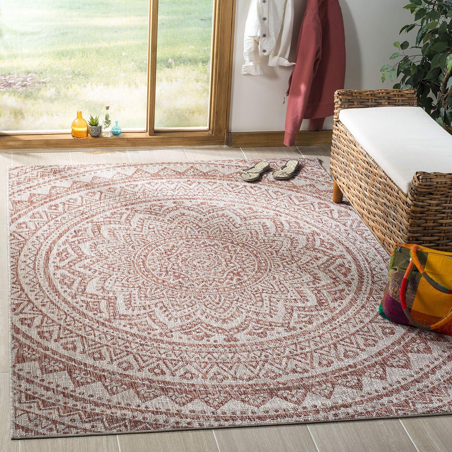 Courtyard CY8734 Power Loomed Indoor and Outdoor Area Rug - Light Beige/Terracotta - 5'3"x5'3" - Safavieh