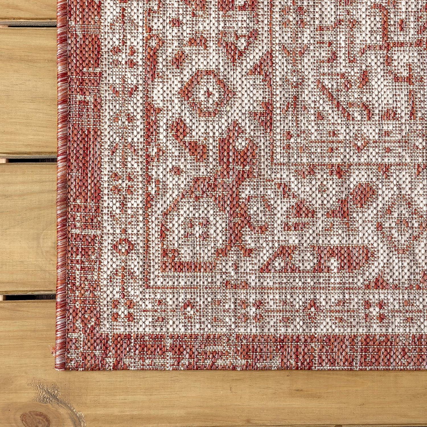 5' Square Sinjuri Medallion Textured Weave Indoor/Outdoor Area Rug, Red/Taupe - JONATHAN Y