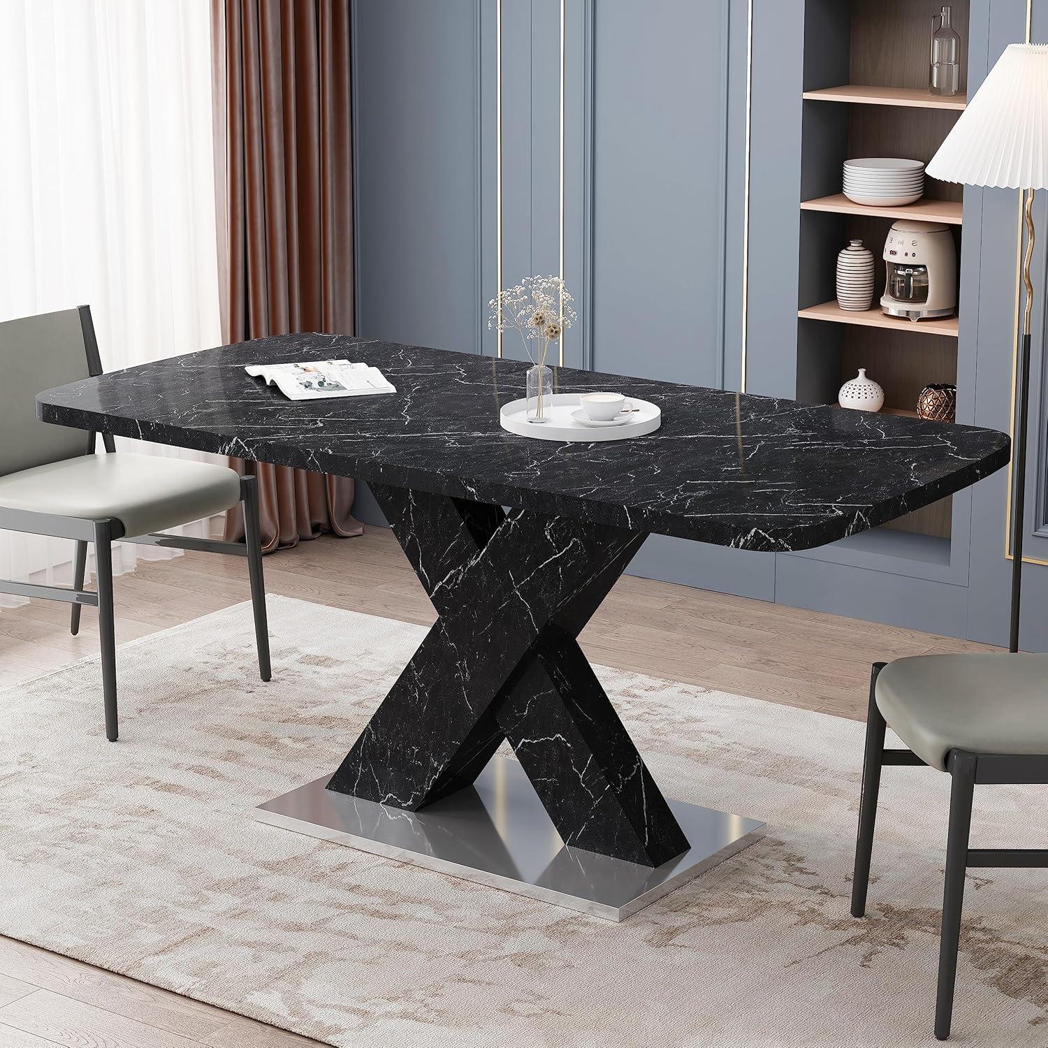 Henf Mid-Century Modern Black Rectangular Dining Table, 47"-63" Extendable, 6 Seats, X-Shape Base, Indoor Use