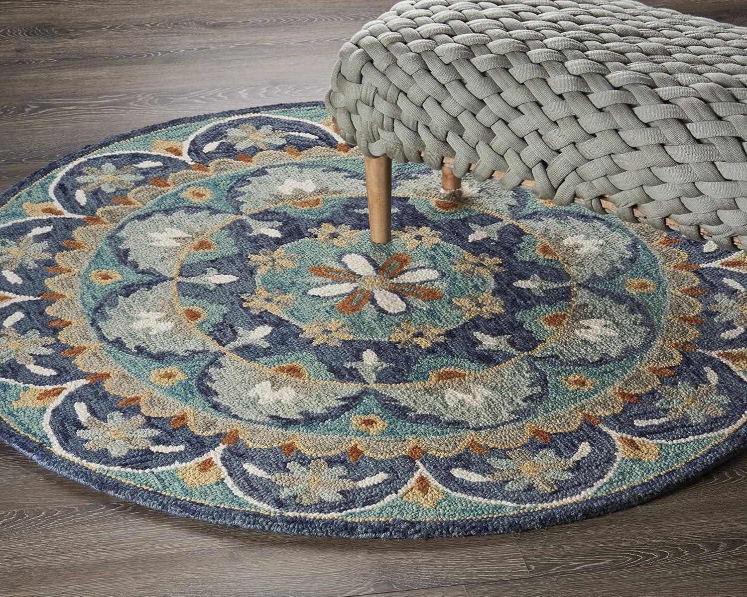 Ox Bay Elle 6' Round Teal/Blue Floral Medallion Indoor Area Rug
