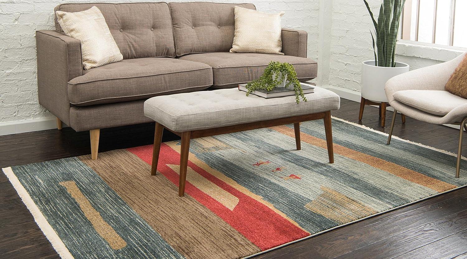 Rectangular Blue Synthetic Easy Care Area Rug