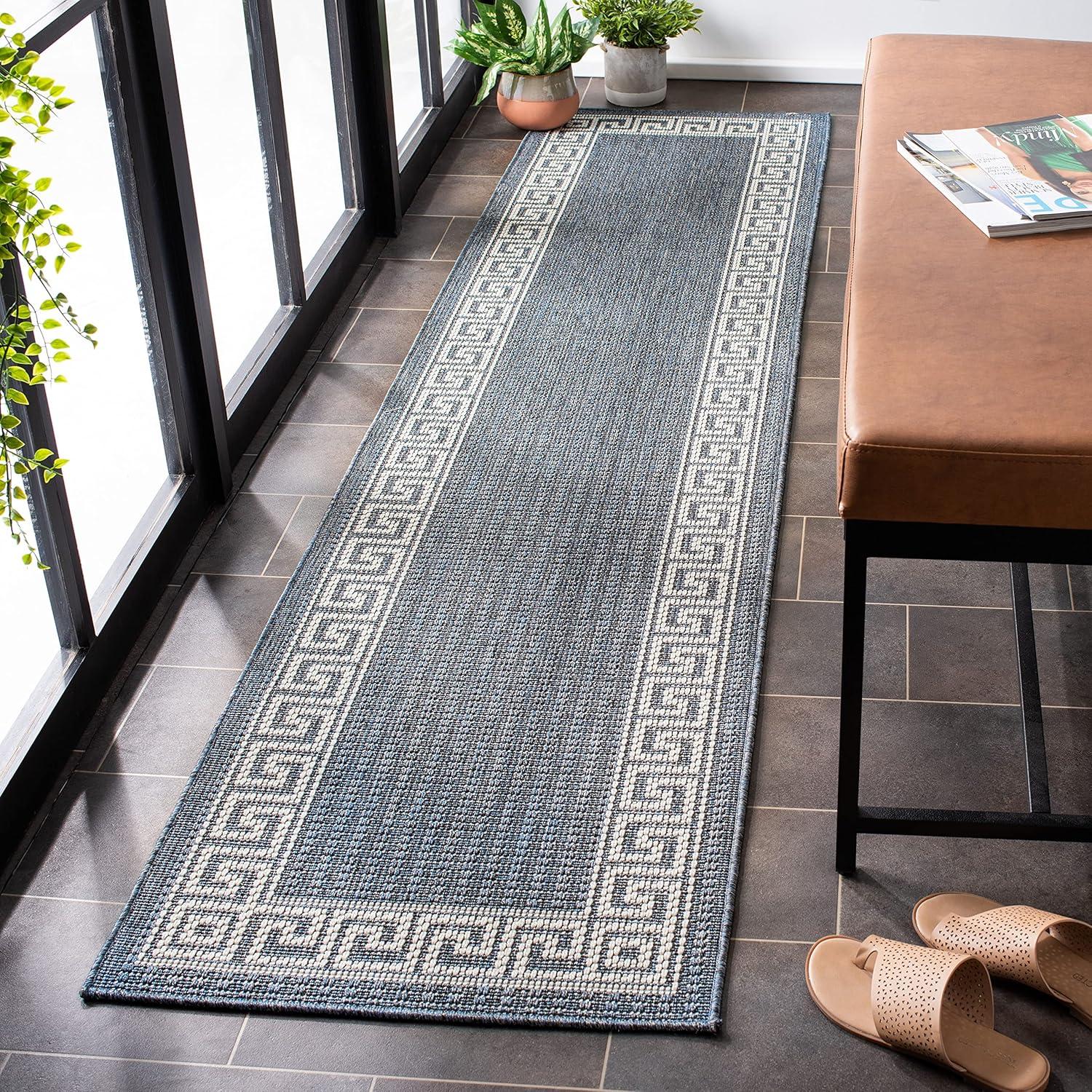 SAFAVIEH Bermuda Isidora Geometric Machine Washable Indoor/Outdoor Area Rug, Ivory/Blue, 5'3" x 7'6"