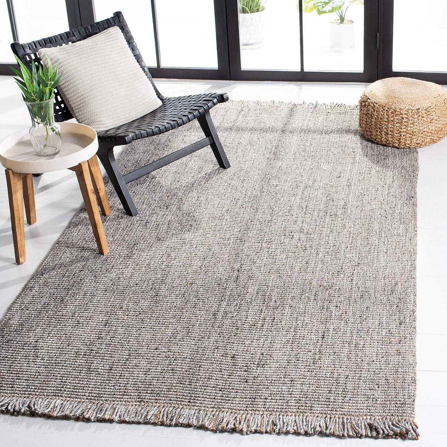 Gray and Natural Hand-Woven Jute Area Rug with Fringe