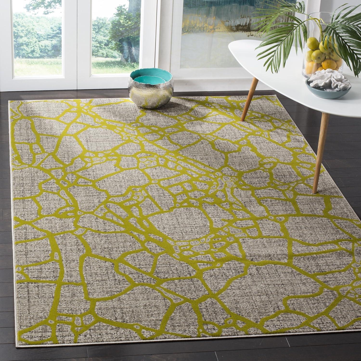 Light Grey and Green Floral Synthetic Area Rug