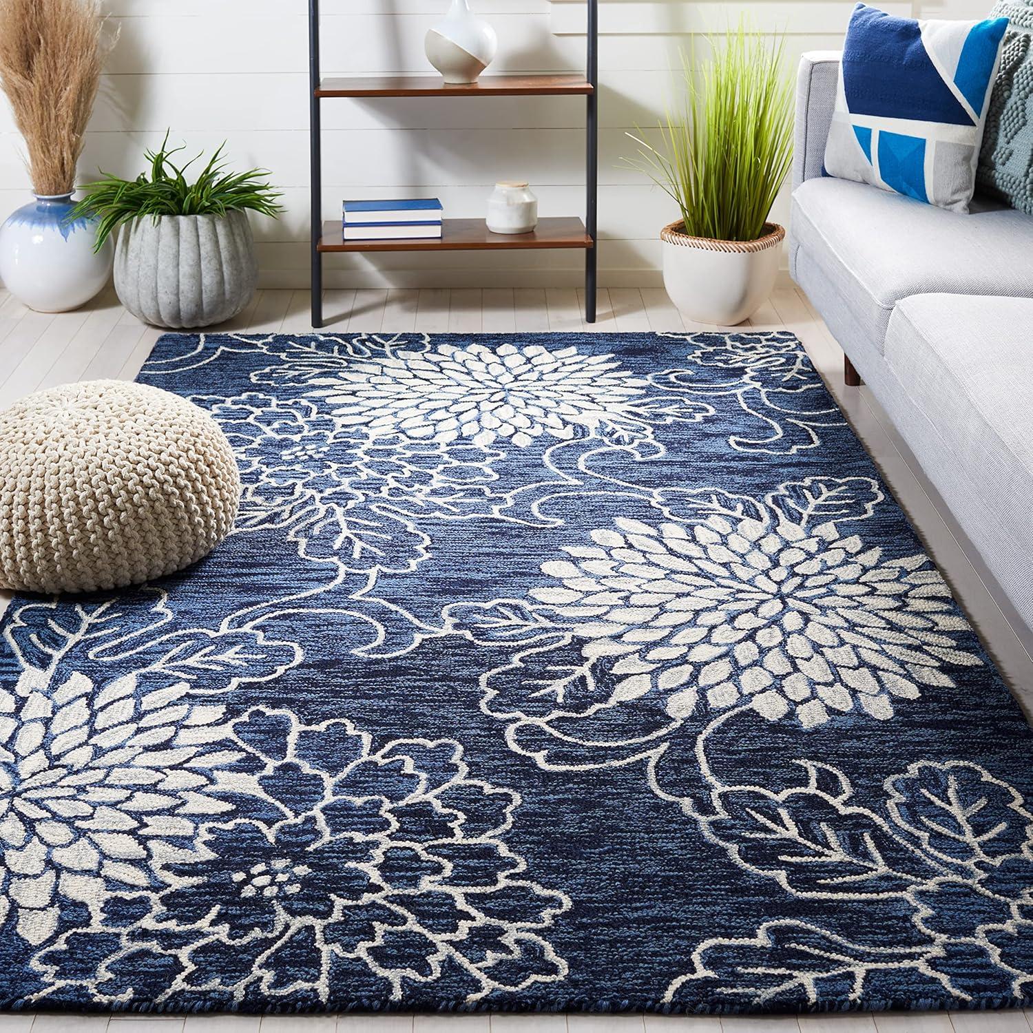 SAFAVIEH Jardin Clara Floral Wool Area Rug, Navy/Ivory, 6' x 6' Square