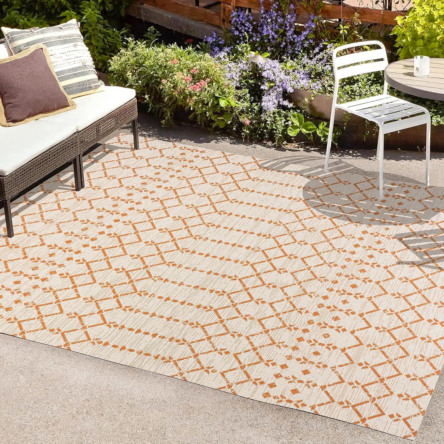 3' x 5' Ourika Moroccan Geometric Textured Weave Indoor/Outdoor Area Rug, Cream/Orange - JONATHAN Y