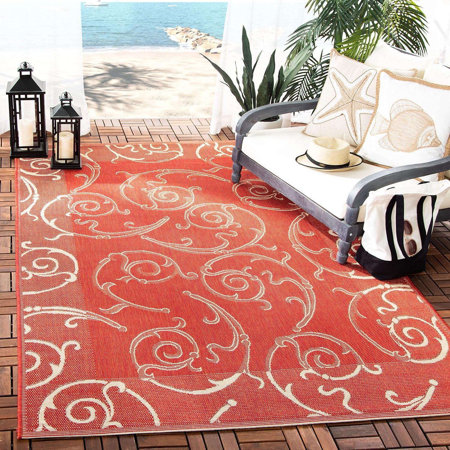 Vibrant Red and Natural Rectangular Easy-Care Outdoor Rug, 4' x 5'7"