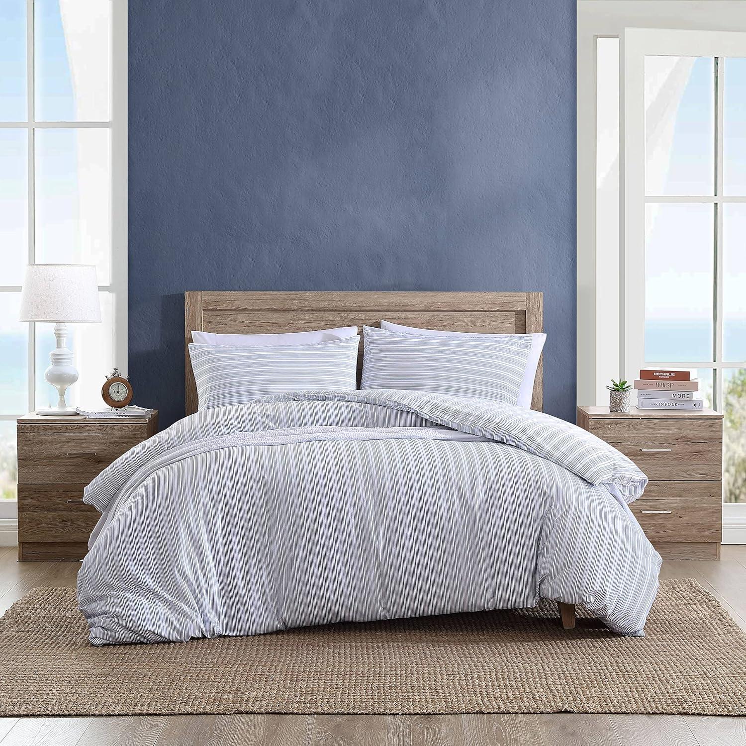 Nautica Beaux Stripe Blue Cotton Percale Duvet Cover