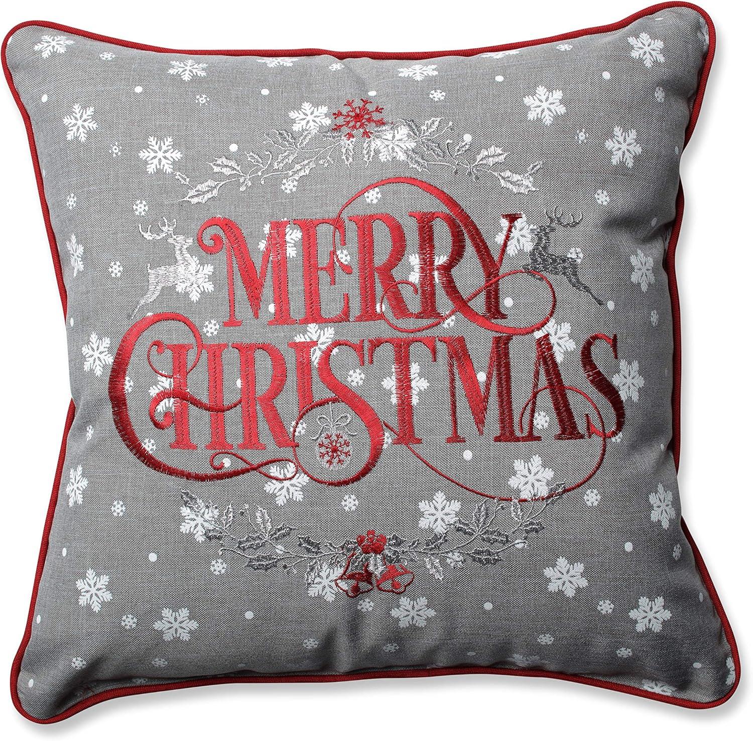 Festive Gray and Red Embroidered Christmas Throw Pillow Set