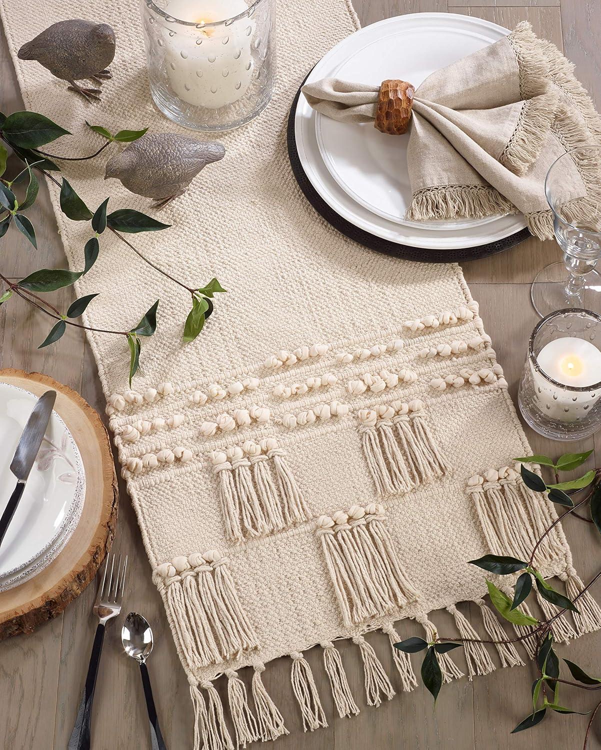 Beige Cotton Tassel Moroccan Table Runner, 16" x 72"