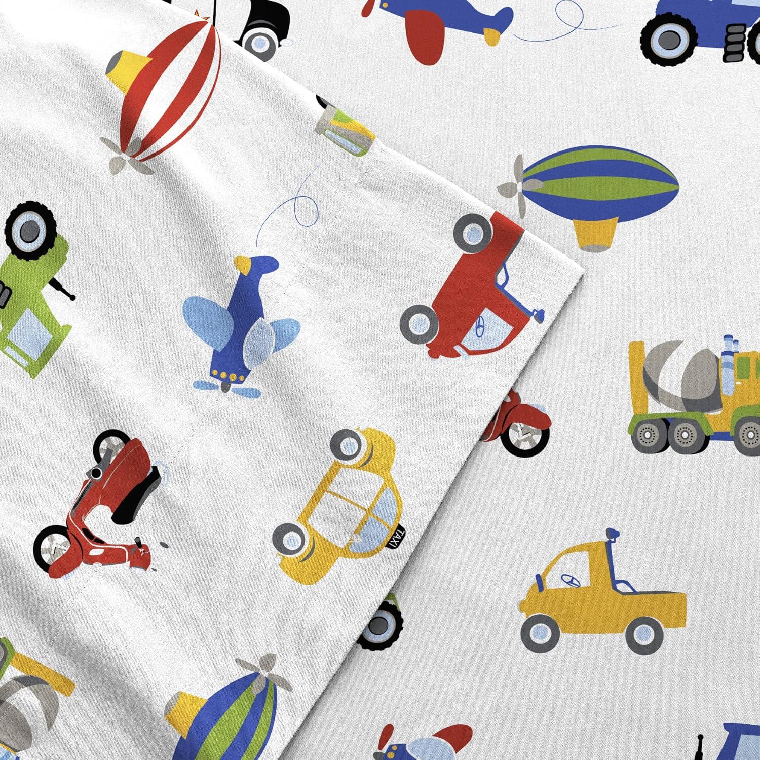 Twin Blue Microfiber Kids Vehicle Print Sheet Set