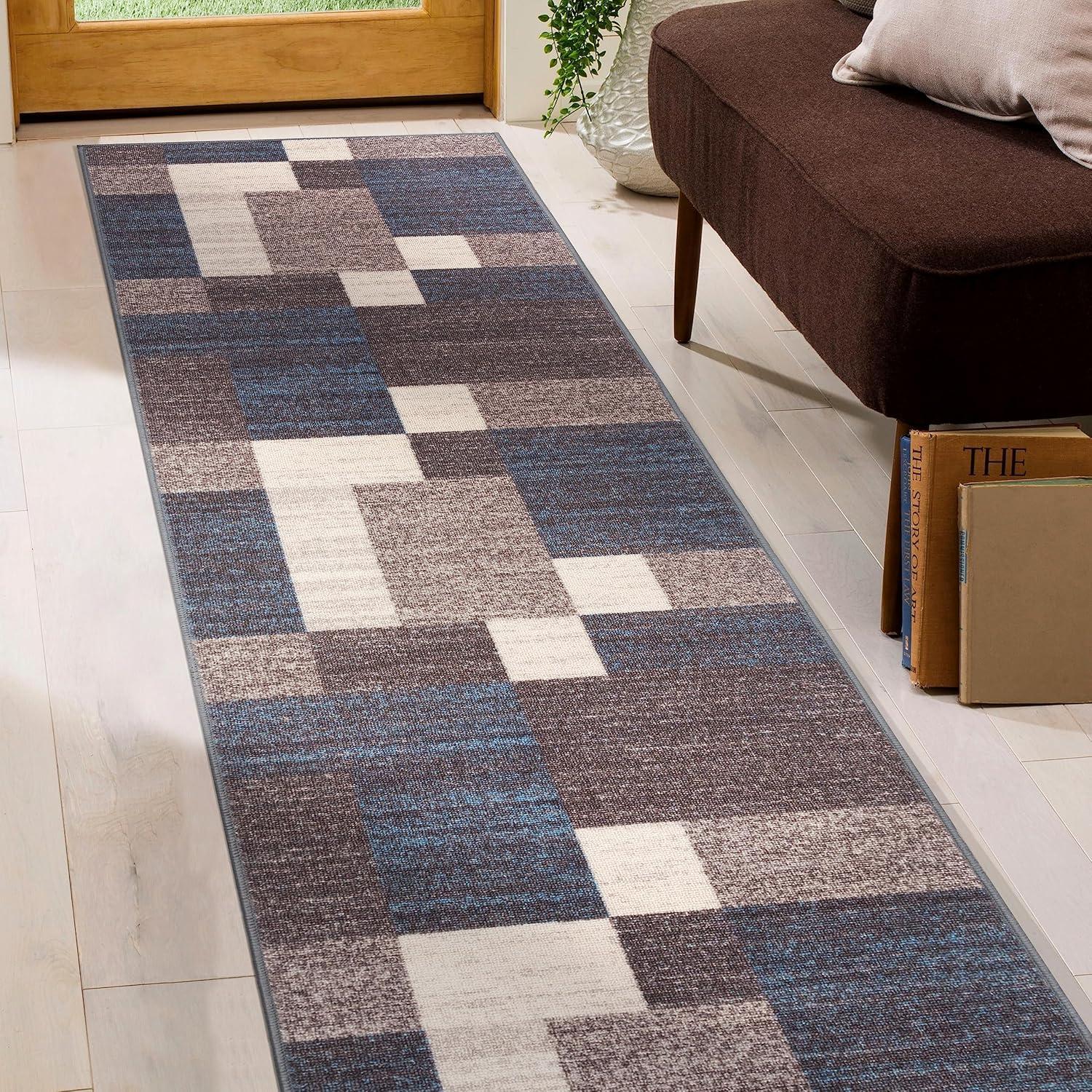 World Rug Gallery Modern Boxes Design Non-slip (Non-skid) Blue 22" x 84" Indoor Runner Rug:  Low Pile Area Rug