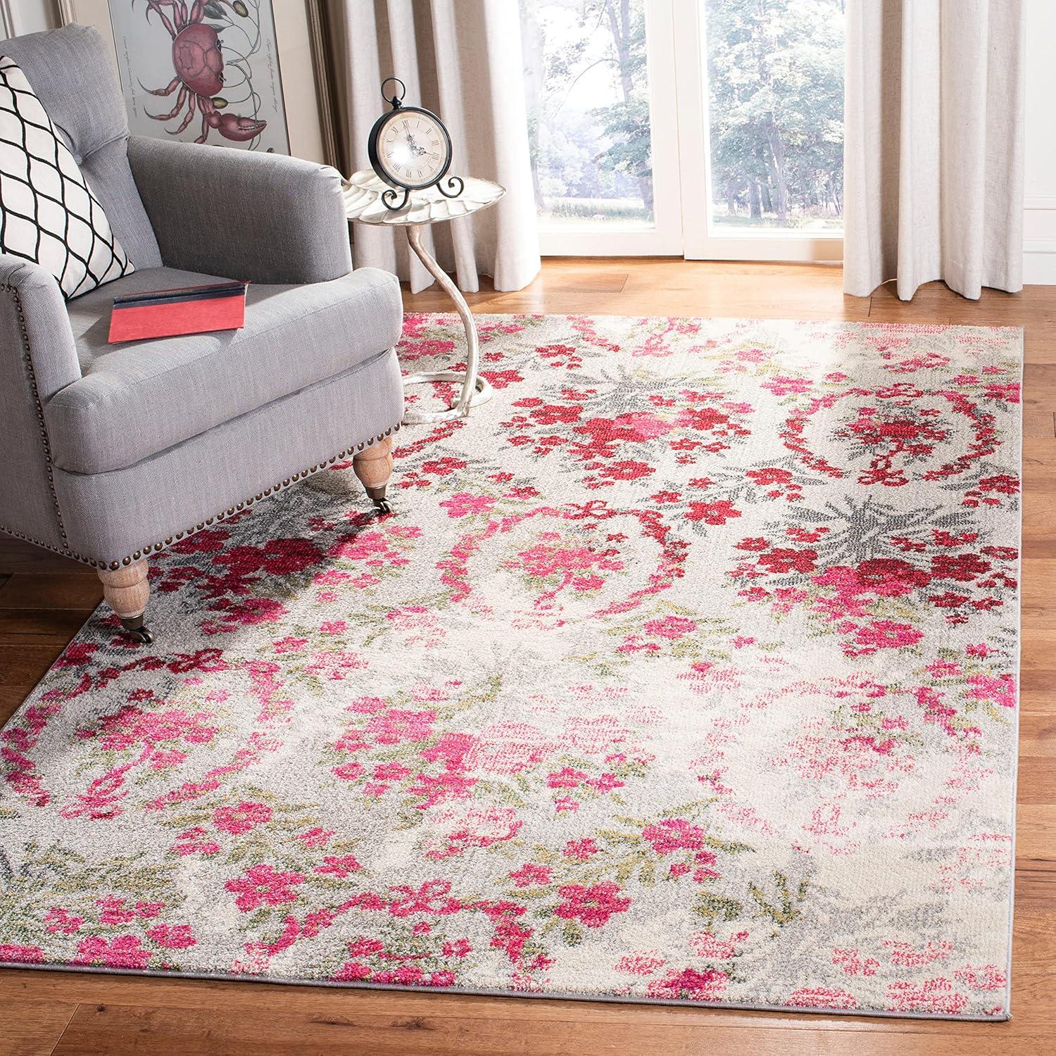 Ivory and Pink Floral Synthetic Rectangular Area Rug