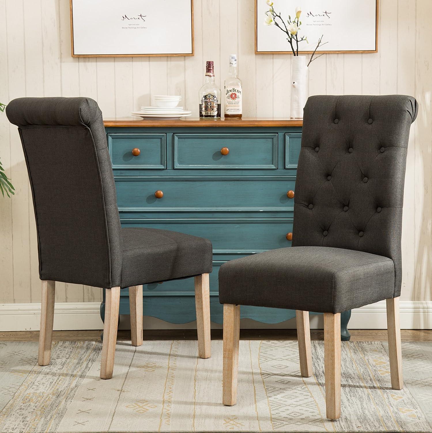 Roundhill Furniture Habit Solid Wood Tufted Parsons Dining Chair, Charcoal, Set of 2