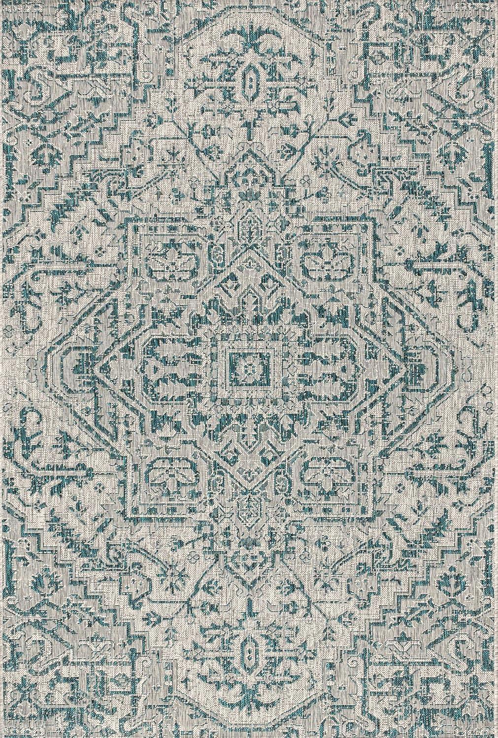 8'x10' Estrella Bohemian Medallion Textured Weave Indoor/Outdoor Area Rug, Teal/Gray - JONATHAN Y