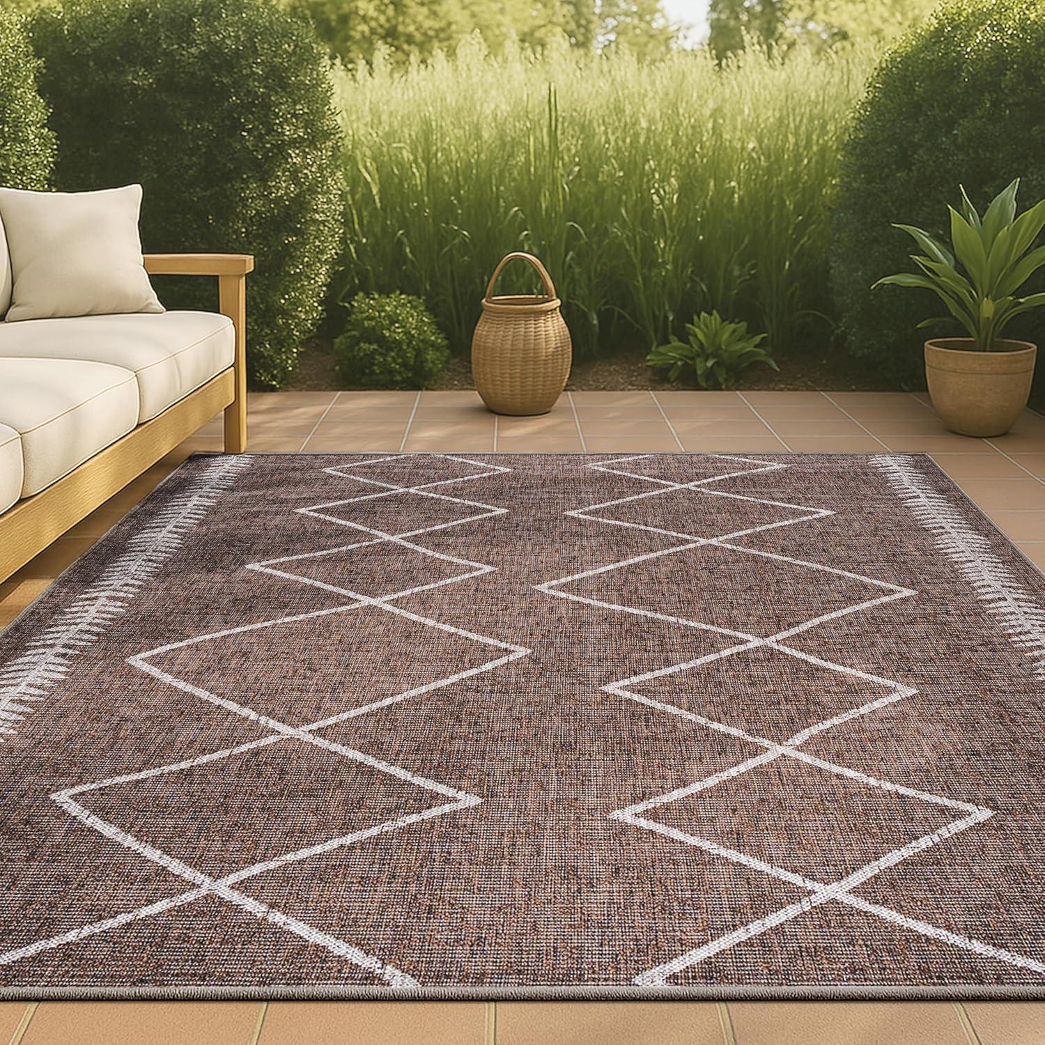 8' X 10' Derya Diamond Trellis Indoor/Outdoor Area Rug, Brown/Beige - JONATHAN Y