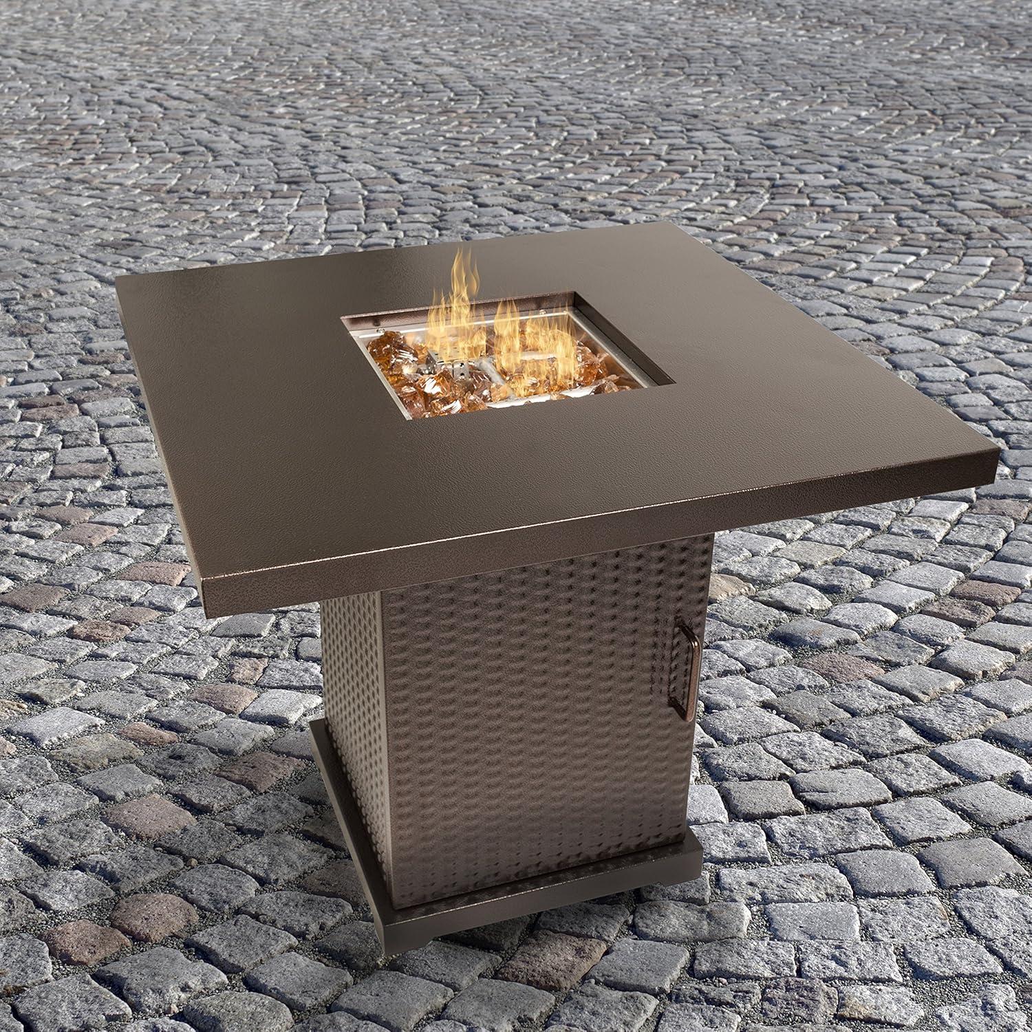 Hammered Bronze Gas Fire Pit Table with Amber Glass Rocks