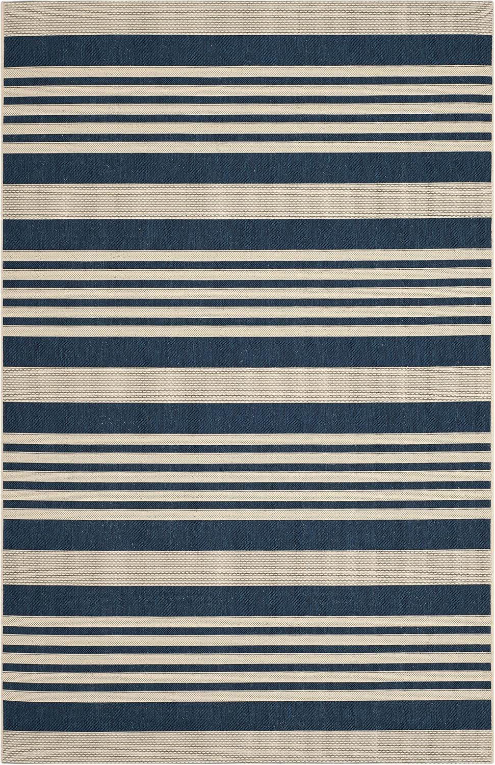 Navy and Beige Striped Synthetic Indoor/Outdoor Area Rug, 5' x 7'