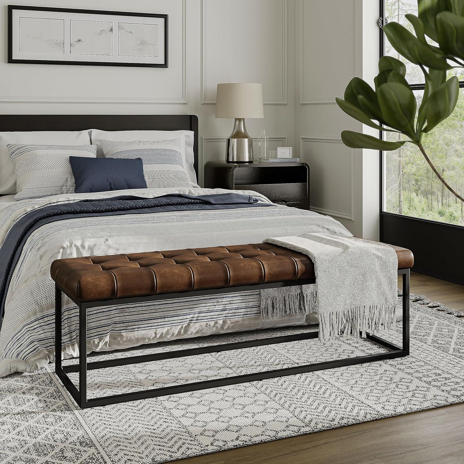 Global Archive 55" Genuine Distressed Leather Ottoman Bench