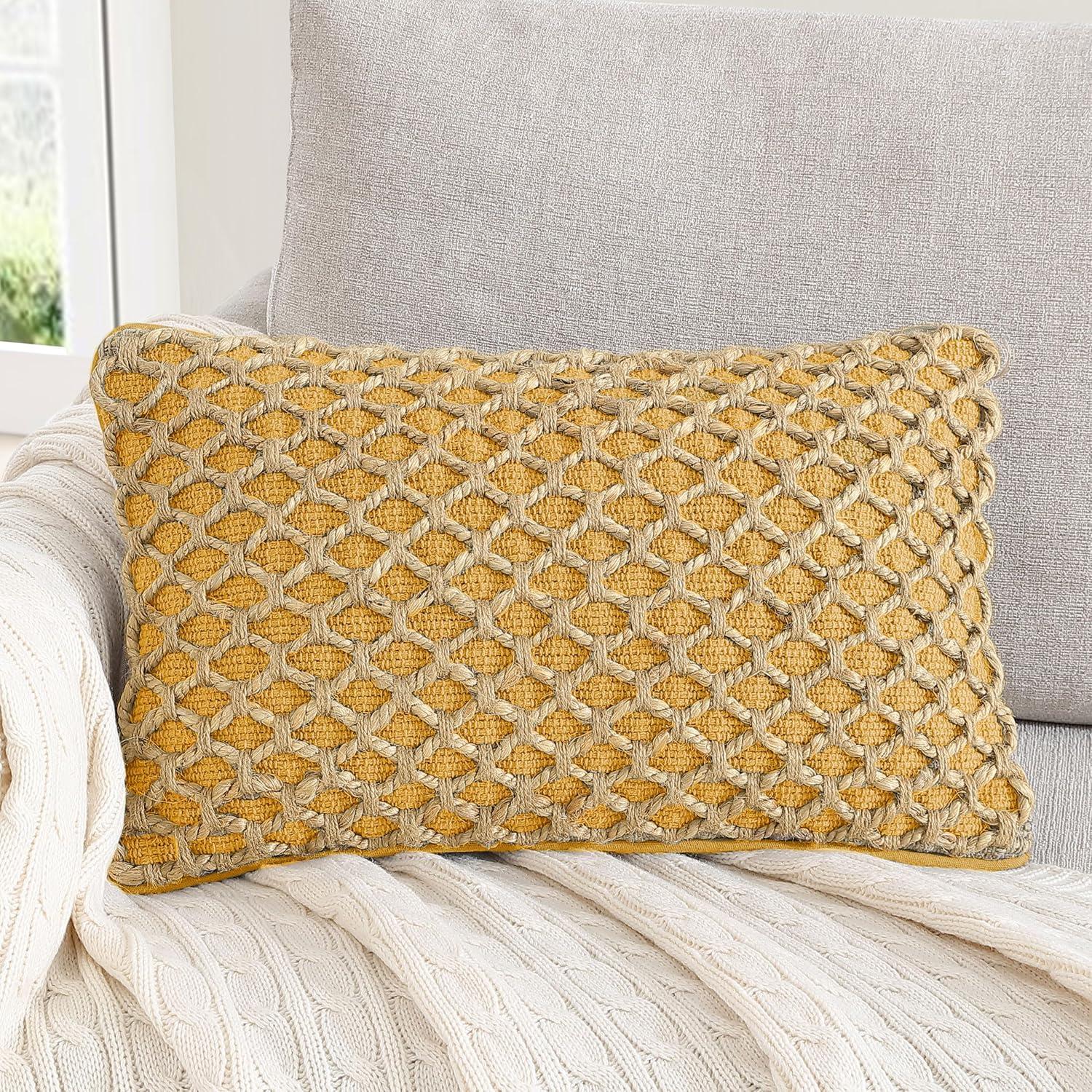 Mustard Yellow Rectangular Woven Cotton and Jute Throw Pillow