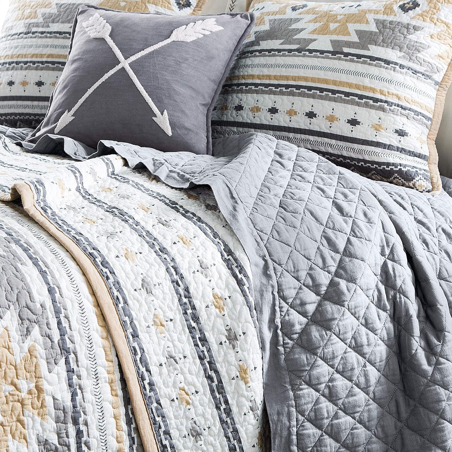 Paseo Road by HiEnd Accents Desert Sage Gray/Tan/White Aztec Print Cotton Southwestern Style Reversible Quilt Set