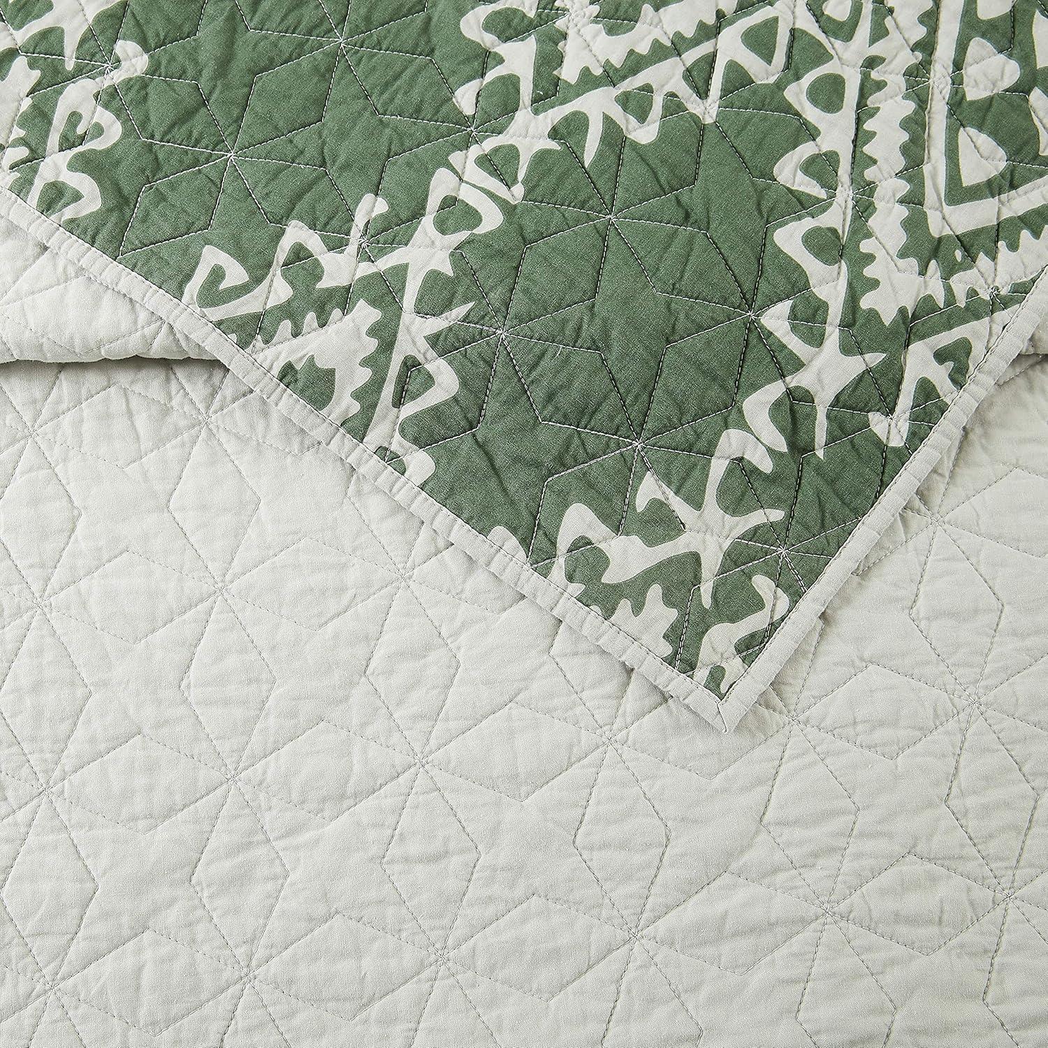 Jungalow Aisha 100% Cotton Reversible Quilt Set – Sage Green Global-Inspired Boho Bedding
