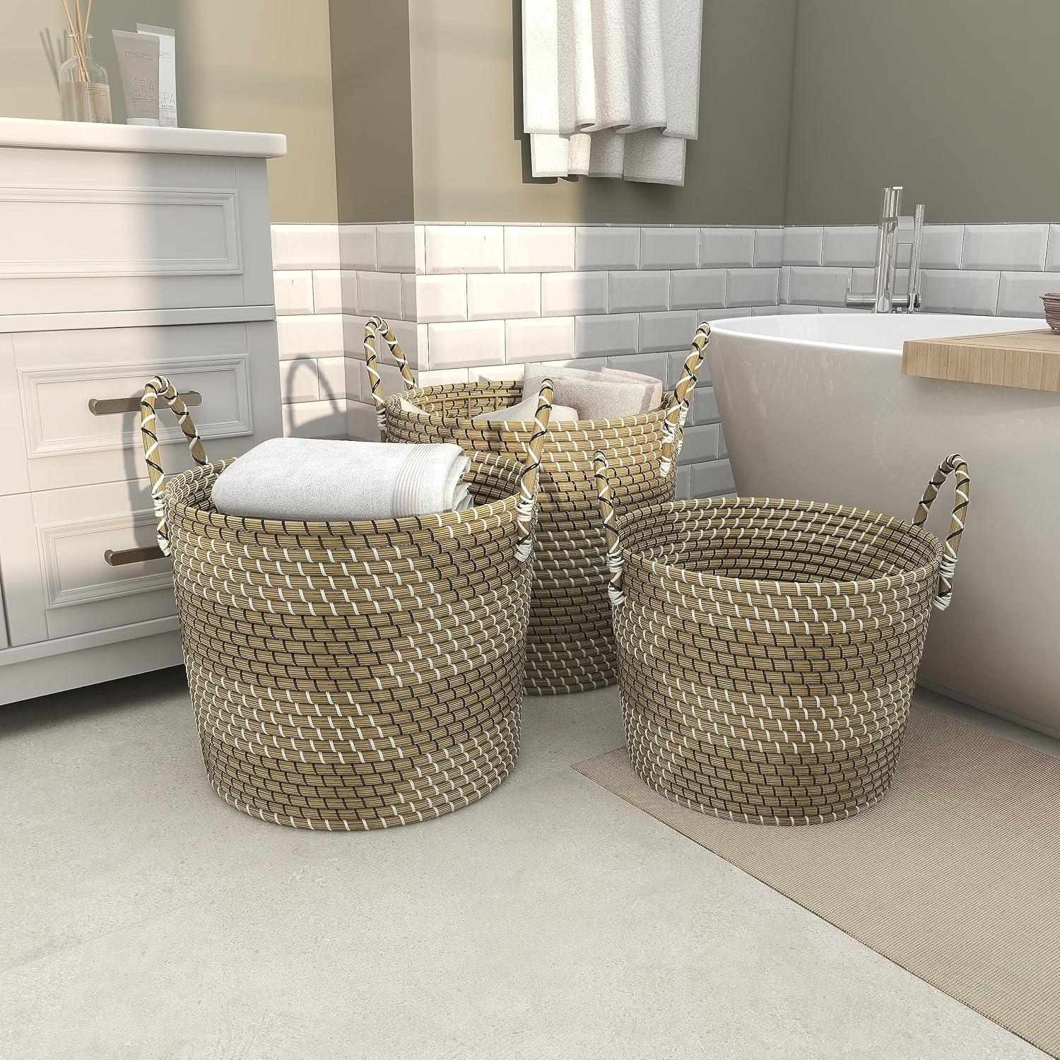 DecMode 14", 17", 19"H Beige Seagrass Handmade Two Toned Storage Basket with Handles, 3-Pieces