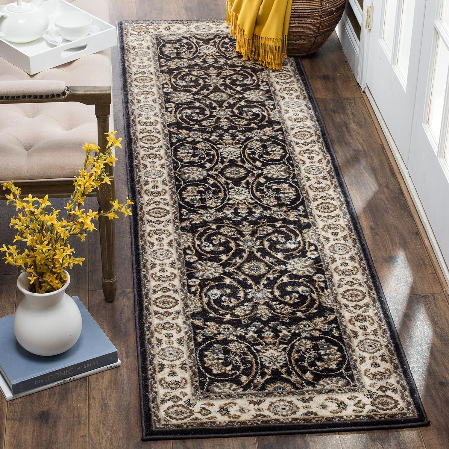 Grey and Cream Floral Square Synthetic Area Rug