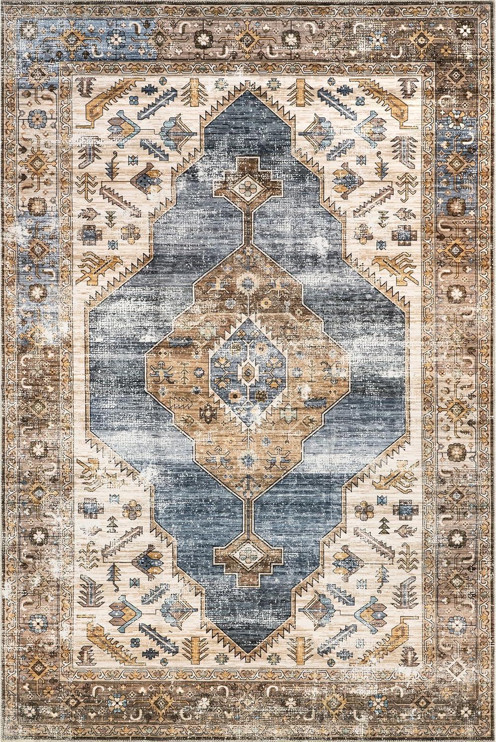 Blue Medallion Easy-Care Ultra Thin Synthetic Area Rug, 4' x 6'